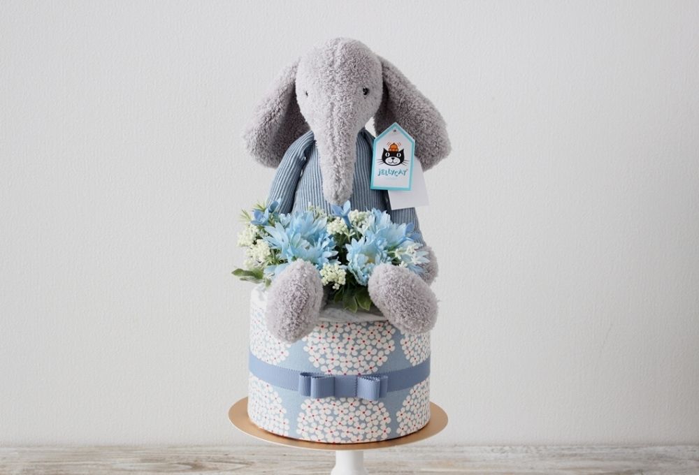 おむつケーキ ジェリーキャットの象のぬいぐるみ付き Jumble Elephant 神戸 大阪 出産祝いのプレゼントに おむつケーキ やベビーシャワーのパーティアイテムを販売しているアトリエプラハルーザ