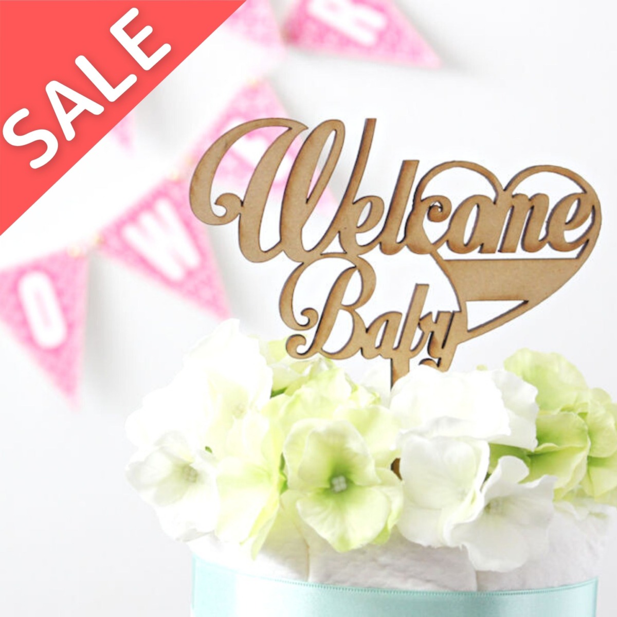 SALE【パーティアイテム】オリジナル木製ケーキトッパー Welcome Baby 出産祝い