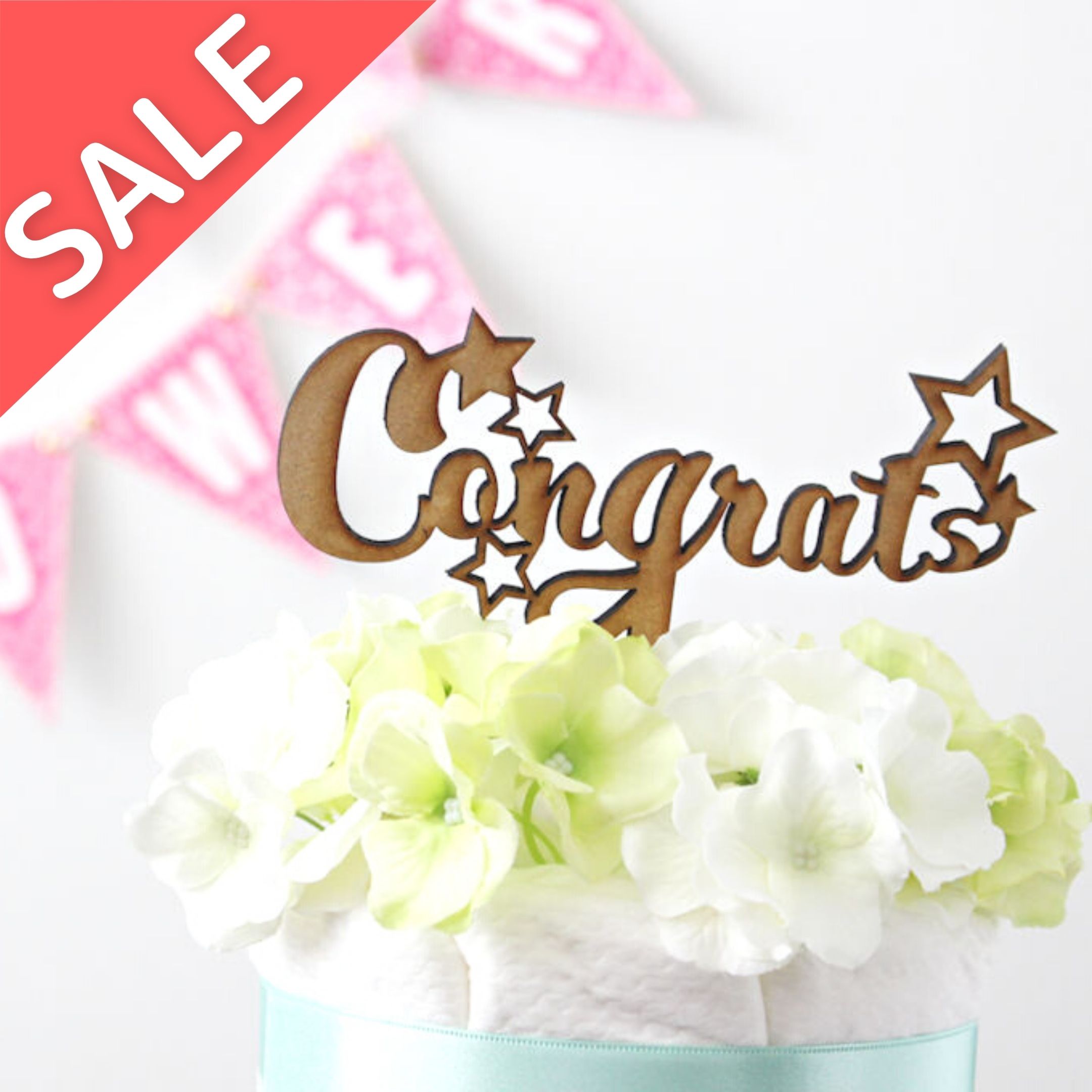 SALE【パーティアイテム】オリジナル木製ケーキトッパー Congrats 出産祝い ベビーシャワー