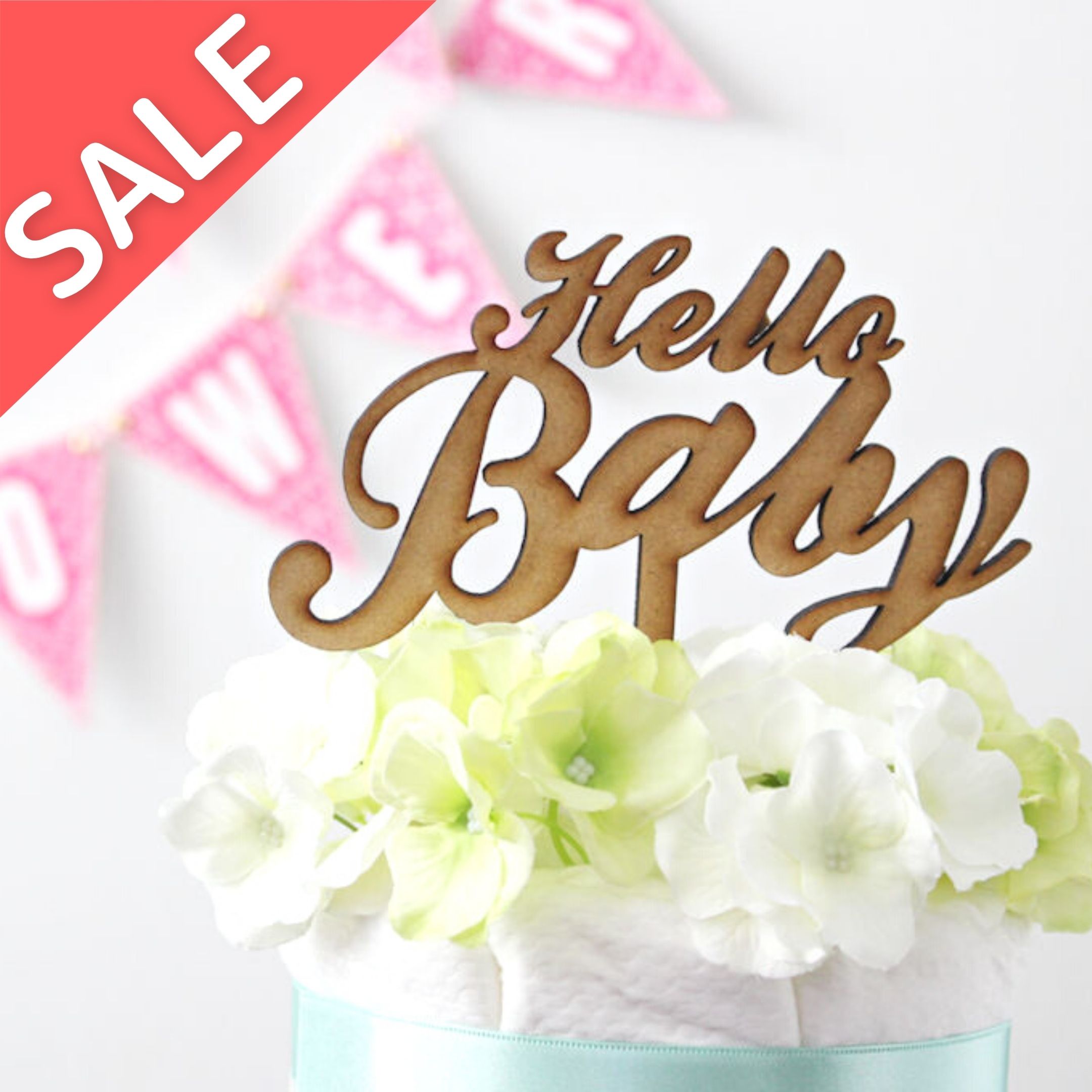 SALE【パーティアイテム】オリジナル木製ケーキトッパー Hello Baby 出産祝い